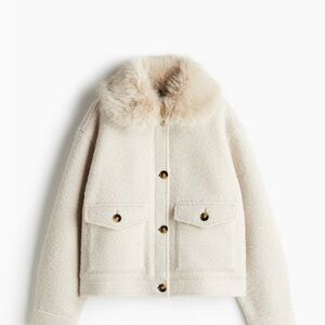 H&M Twill Jacket with Fluffy Removable Collar, Light Beige, M, LIKE NEW
